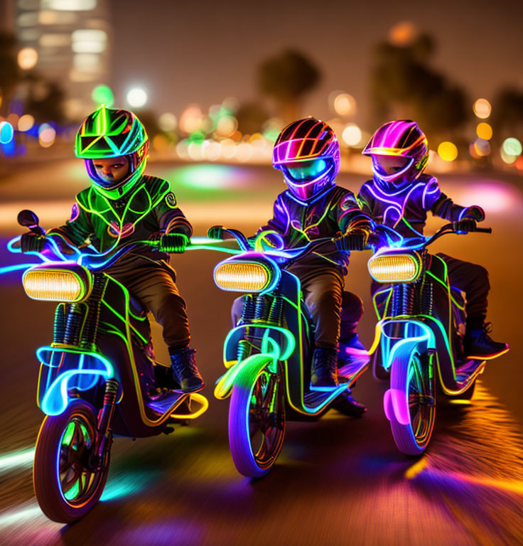 Three people in illuminated suits and helmets riding glowing motorcycles at night.