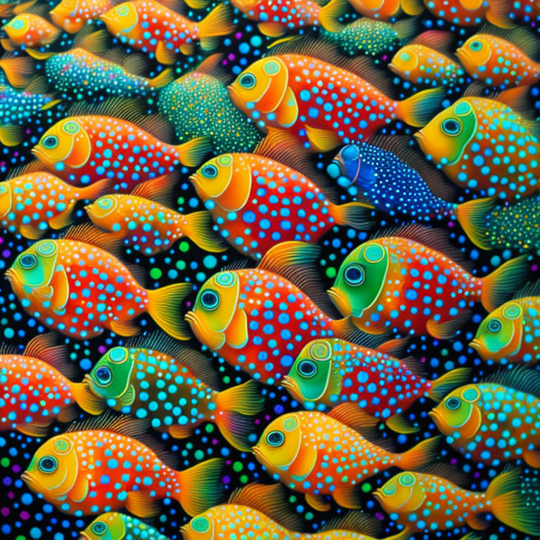 Colorful Illustration of Patterned Fish in Orange, Blue, and Yellow