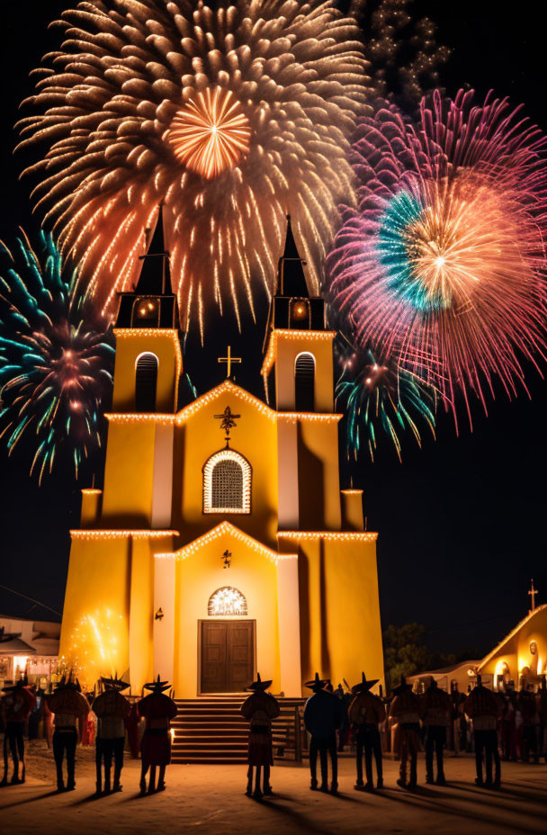 Vibrant night scene: illuminated church, people, fireworks