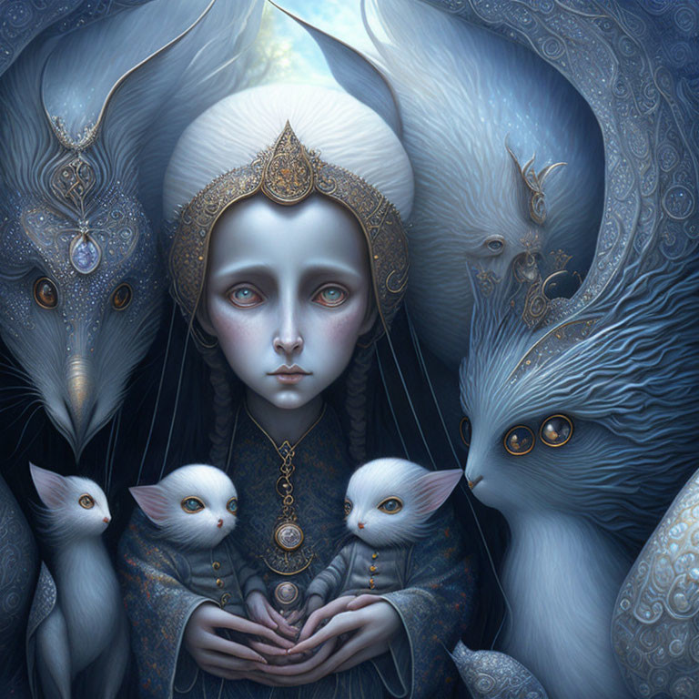 Surreal portrait of pale woman with large eyes and mystical white creatures