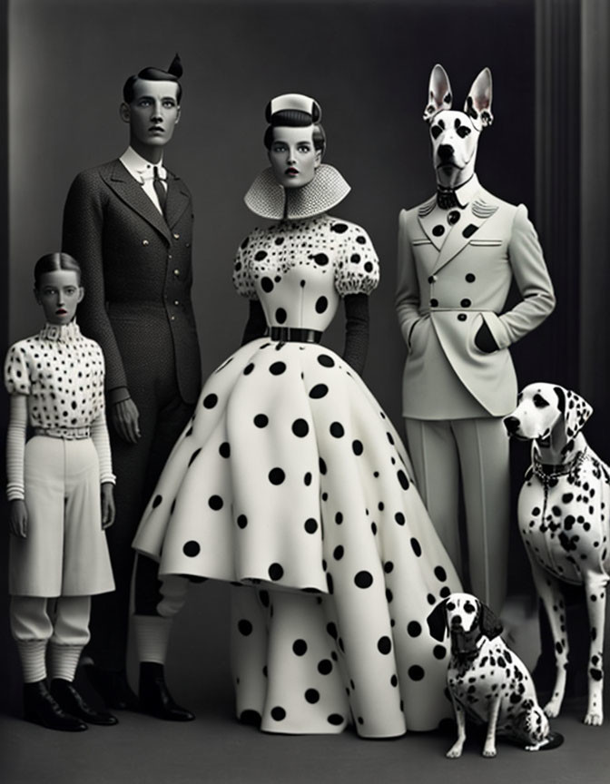 Monochrome stylized family portrait with Dalmatians in vintage attire