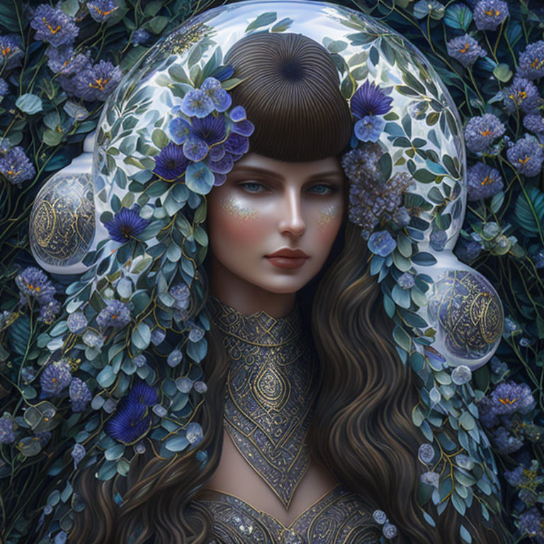 Digital artwork: Woman with gold jewelry, blue flowers, mystical aura