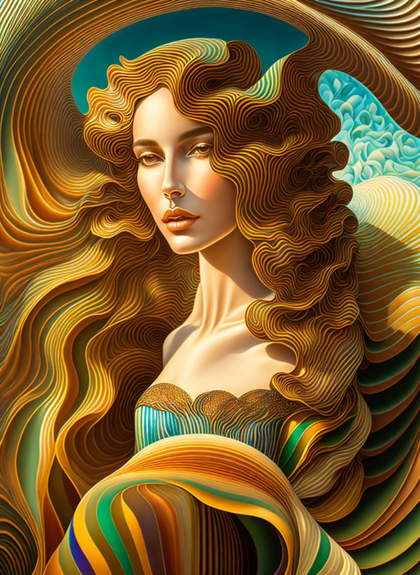 Detailed illustration of woman with flowing hair blending into intricate patterns on warm-toned background