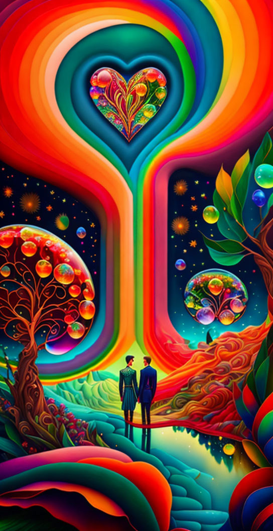 Psychedelic artwork: Two figures holding hands under rainbow vortex, celestial tree.