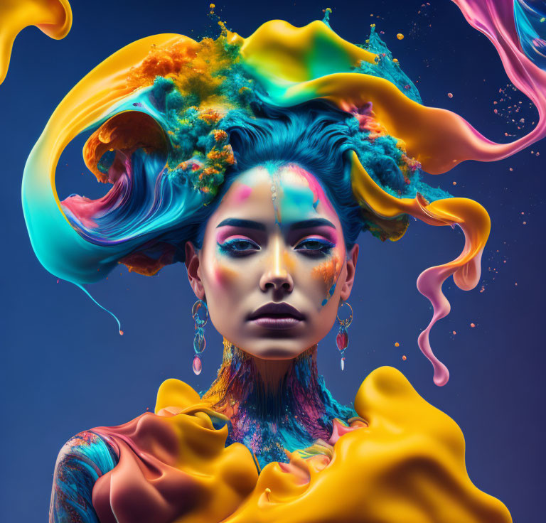 Abstract Woman with Vibrant Paint Splashes in Orange, Yellow, and Cyan