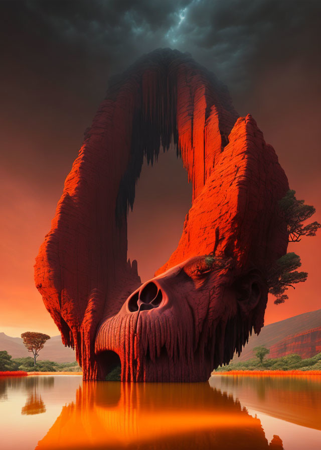 Surreal landscape: large red skull rock reflected in water under dramatic red sky