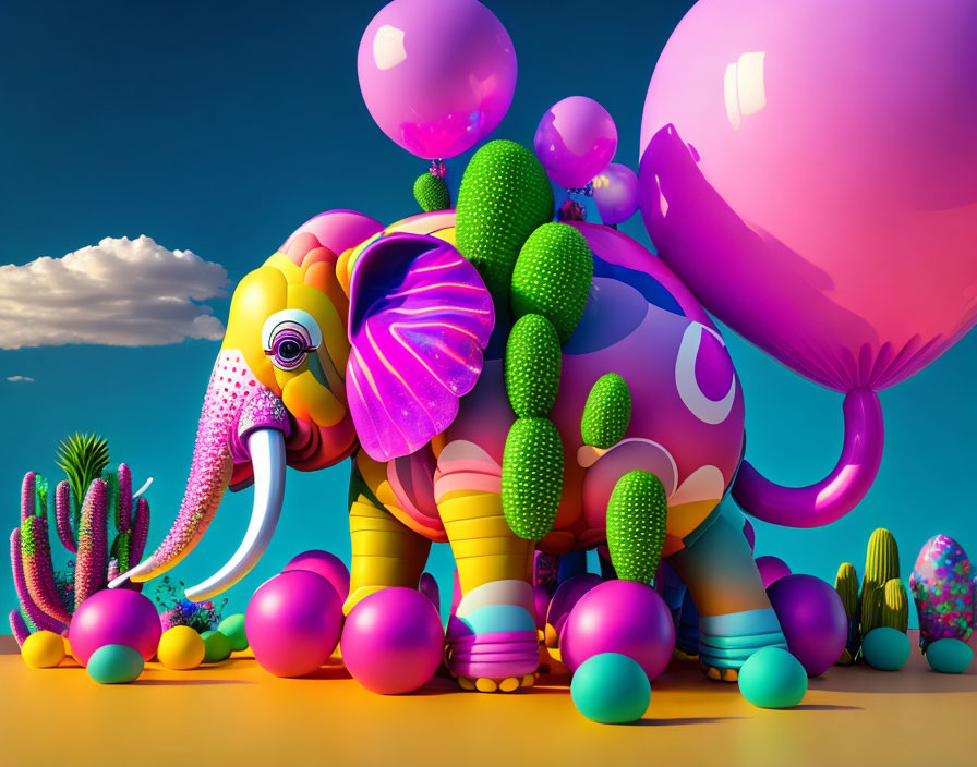 Vibrant Elephant Art with Balloons, Cacti, Pink & Blue Sky