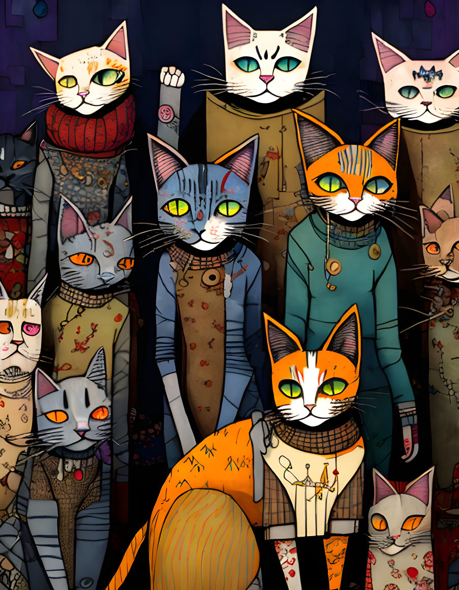 Anthropomorphic cats in diverse fashion styles on dark tile background