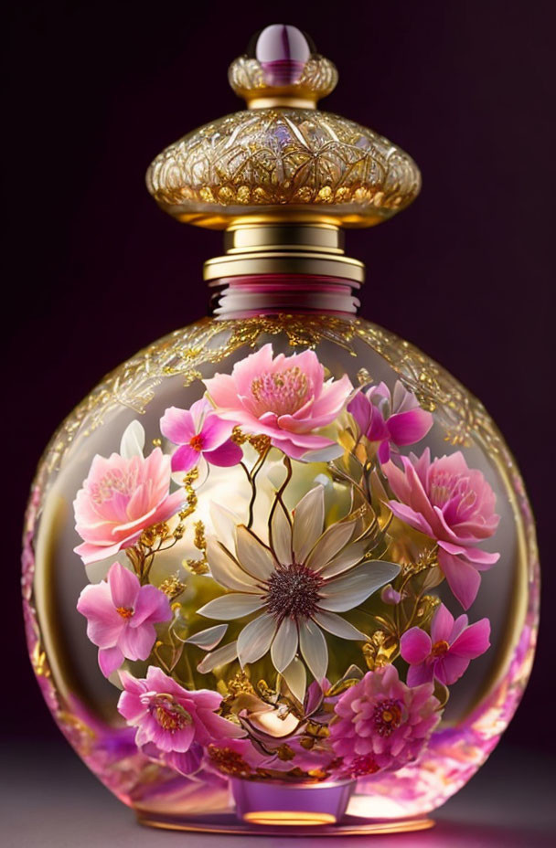 Ornate perfume bottle with golden cap and 3D pink floral design