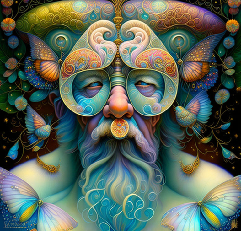 Colorful Psychedelic Portrait of Elderly Man with Butterflies