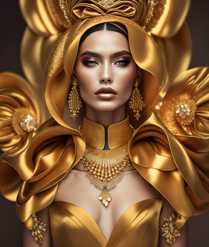 Elaborate Golden Headwear and Luxurious Gold Ruffles Portrait