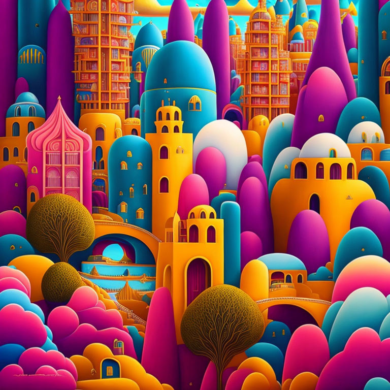 Fantastical cityscape with whimsical buildings and rounded trees