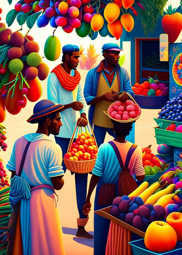 Colorful Market Scene: People in Vibrant Attire Shopping and Chatting