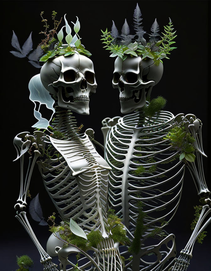 Skeleton figures with plant growth, holding hands on dark backdrop