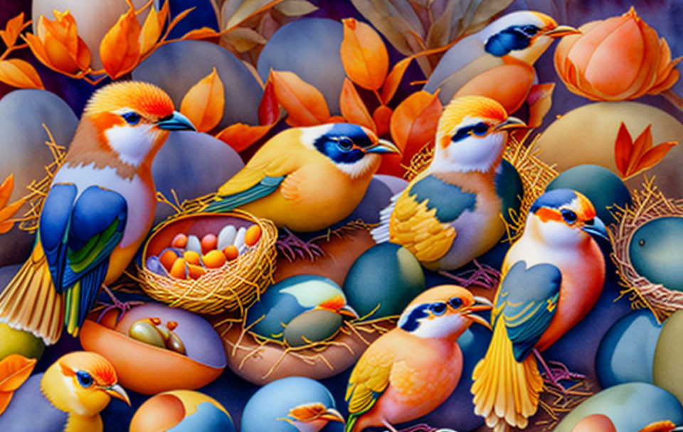 Vibrant Birds with Orange and Blue Plumage Among Nests and Flowers