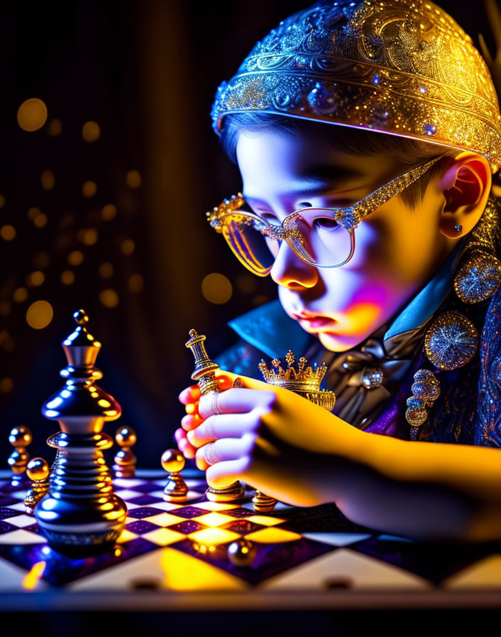 Child in ornate attire playing chess under dramatic lighting