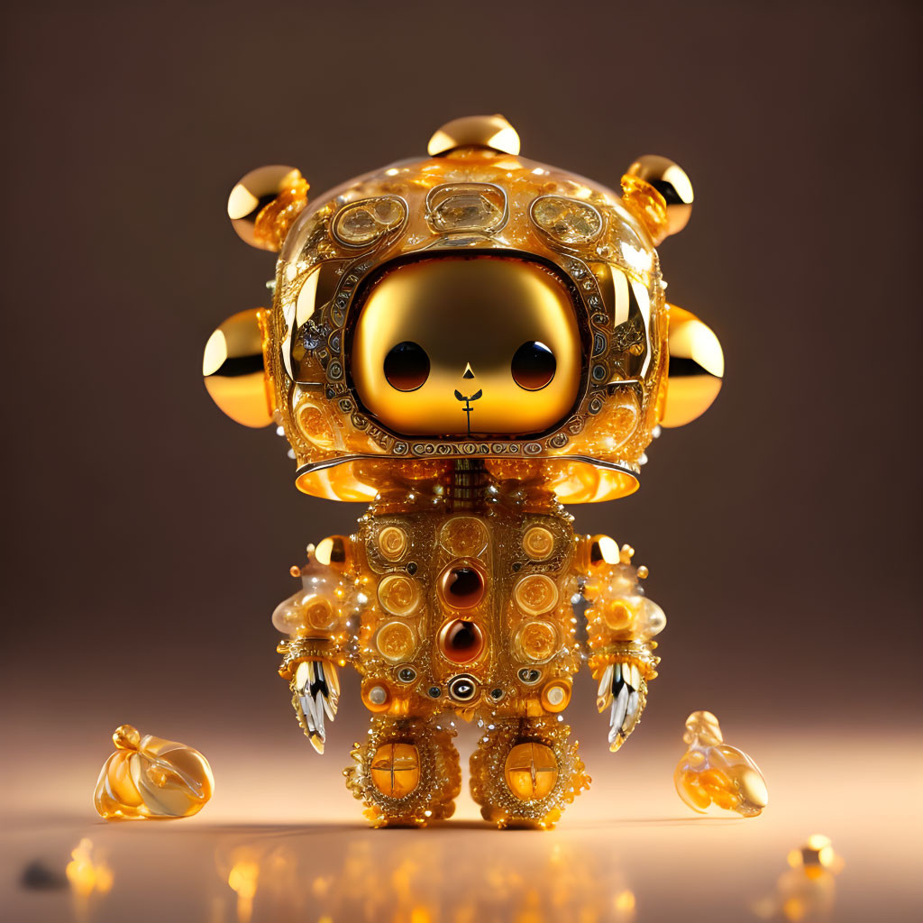 Golden robotic figurine with round head and black eyes on shiny surface