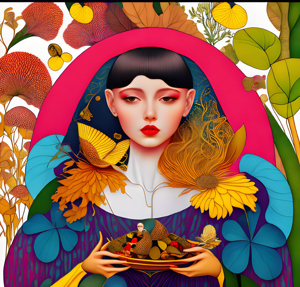 Vibrant illustration of woman with dark hair and red lips surrounded by flora and fruit bowl