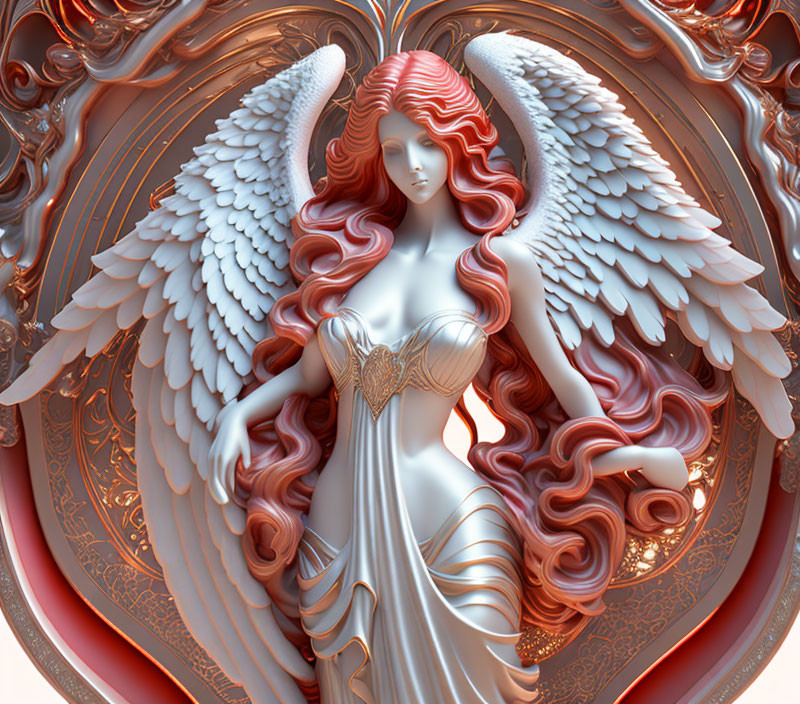 3D illustration of angel with red hair, white wings, flowing dress