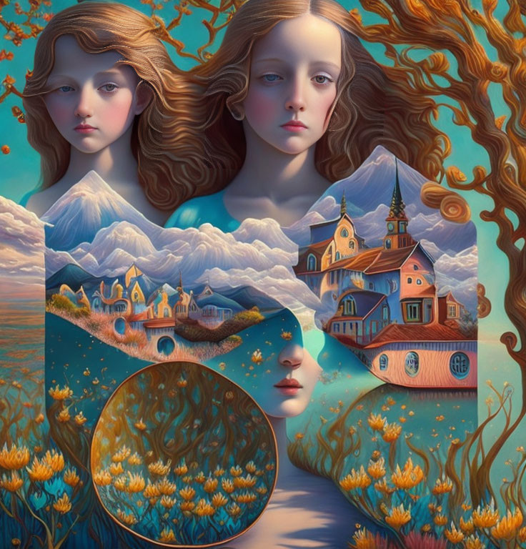 Surreal artwork: Three serene female faces in landscape with mountains and village