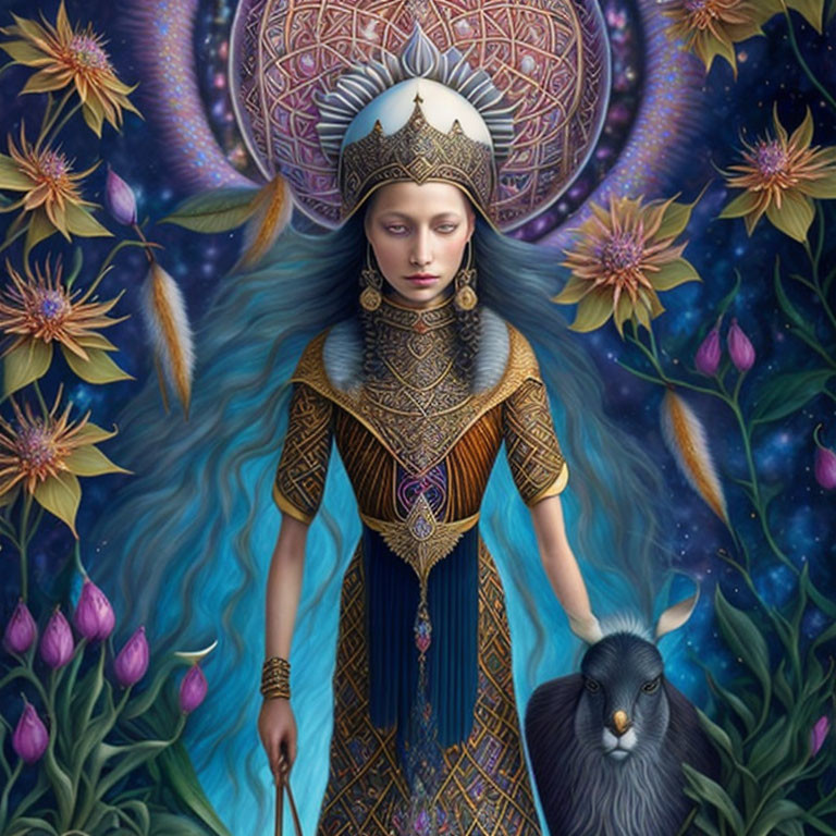 Regal woman in ornate attire with mystical headdress and serene expression beside large rabbit among flowers