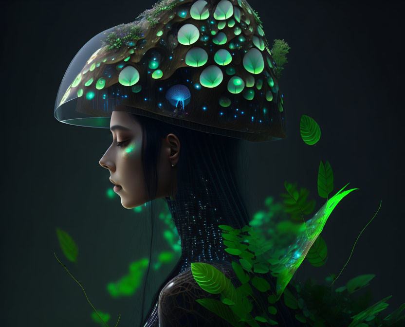 Luminescent jellyfish-like cap woman with foliage in dark setting