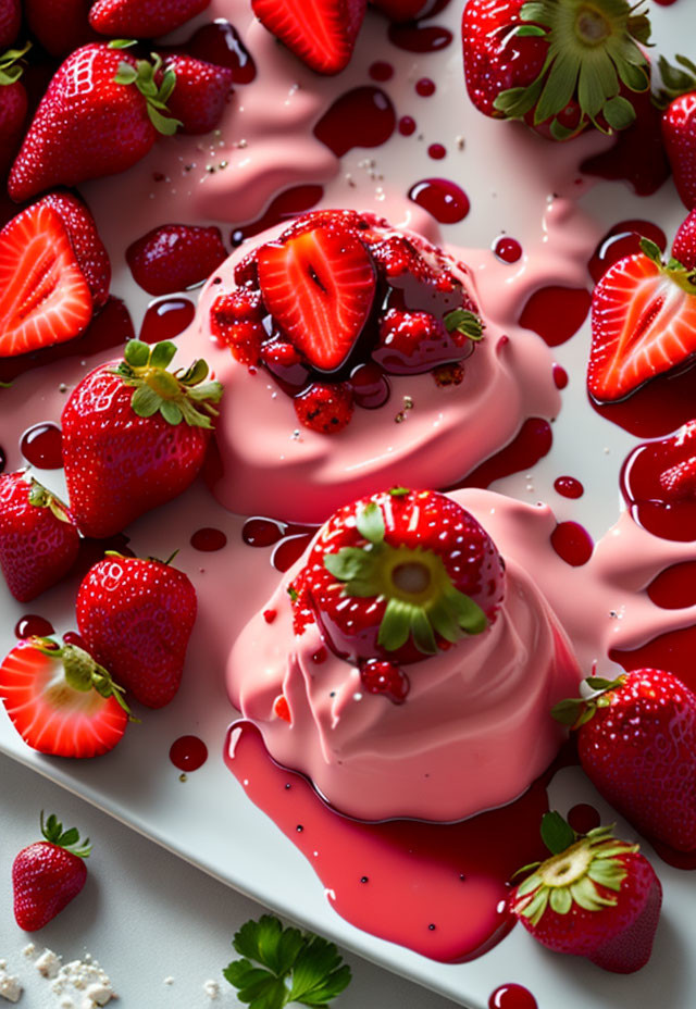 Fresh Strawberry Panna Cotta Dessert with Berry Coulis on White Plate