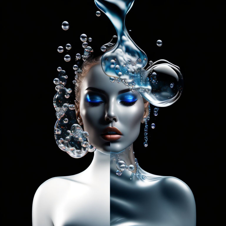 Surreal digital artwork: metallic-skinned female figure with water elements on black background