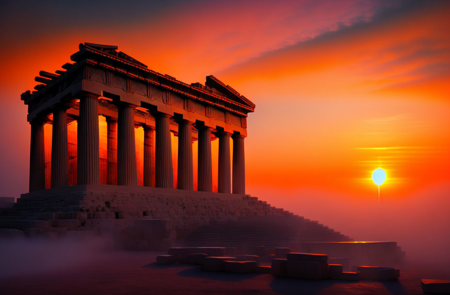 Ancient Greek temple with glowing columns at sunset