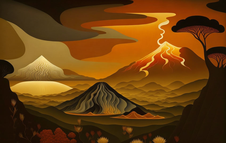 Stylized volcanic landscape with colorful flora & lava