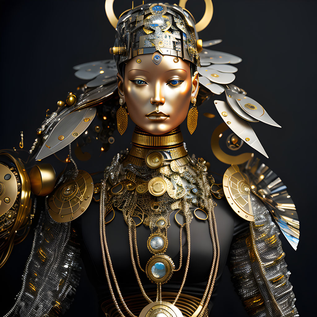 Golden robotic figure with ornate headgear and mechanical adornments on dark background