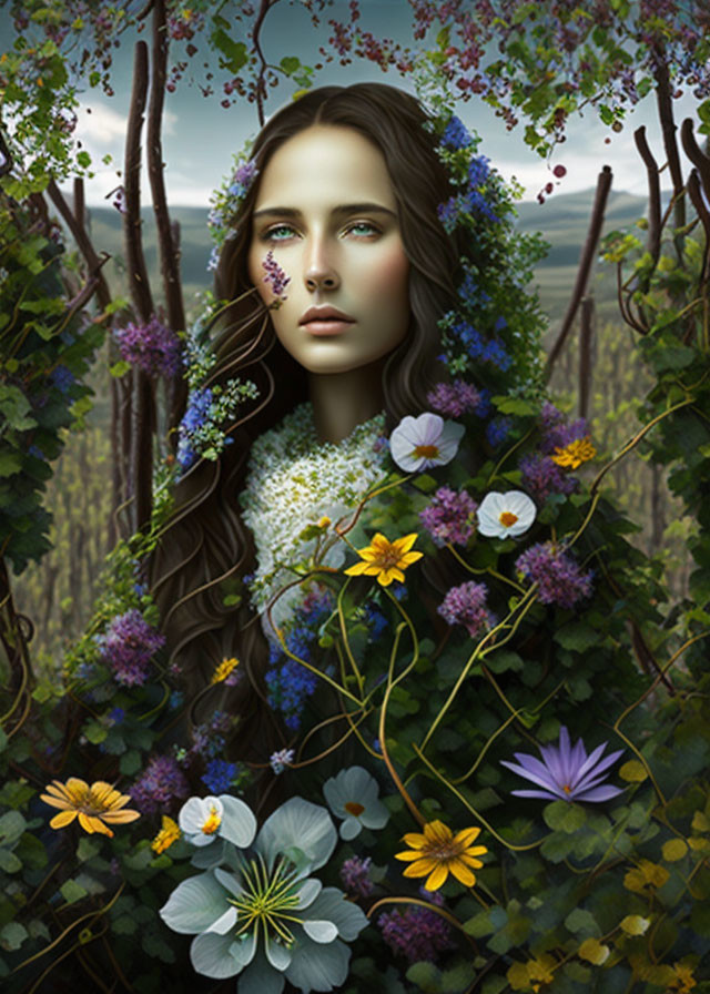 Woman's face with vibrant floral surroundings.