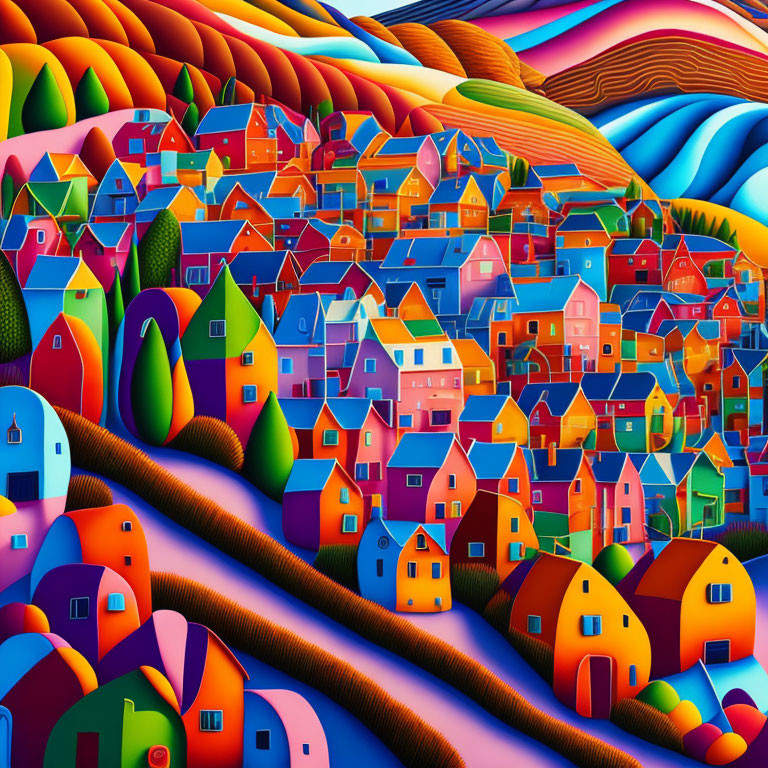 Colorful Landscape with Whimsical Houses and Striped Fields