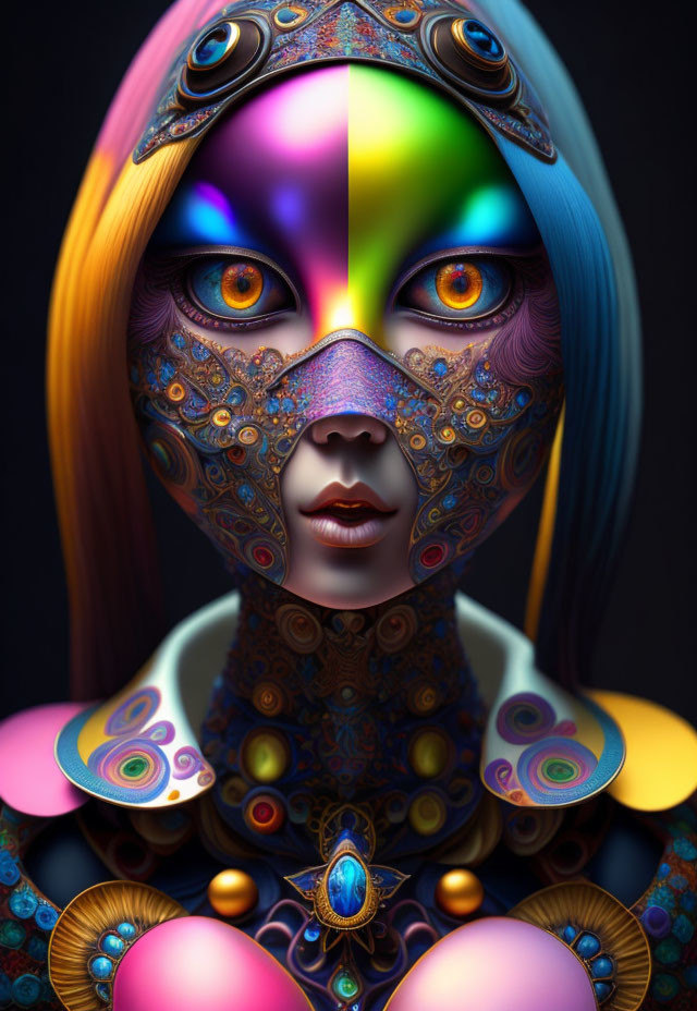 Vibrant surreal portrait with intricate patterns and multiple eyes, featuring a butterfly motif.