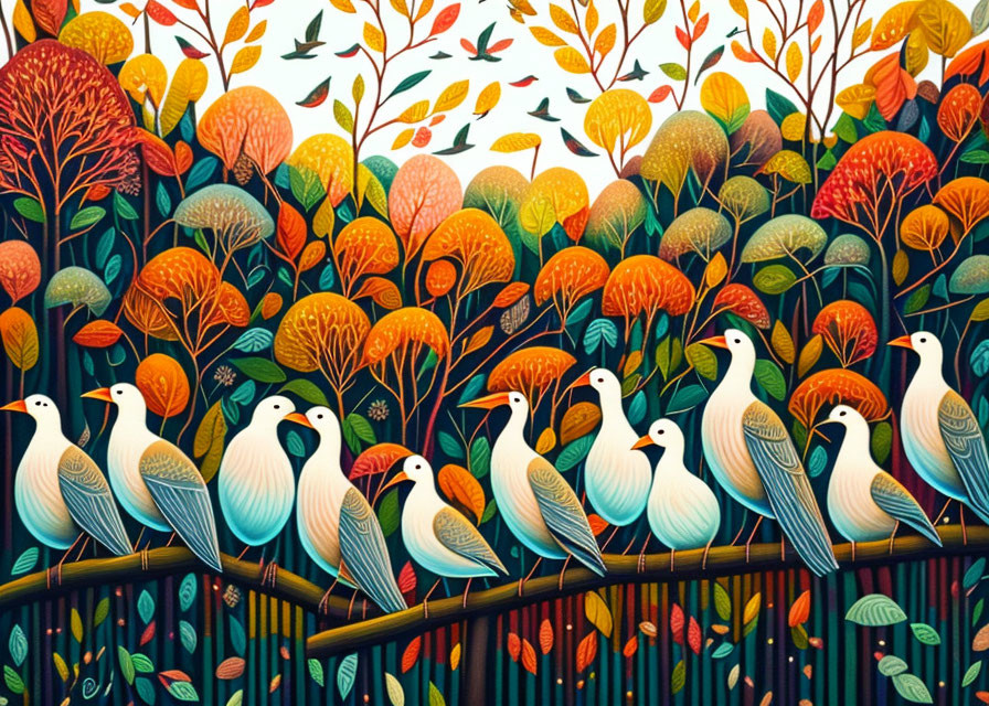 Colorful autumn trees and whimsical birds in vibrant illustration.