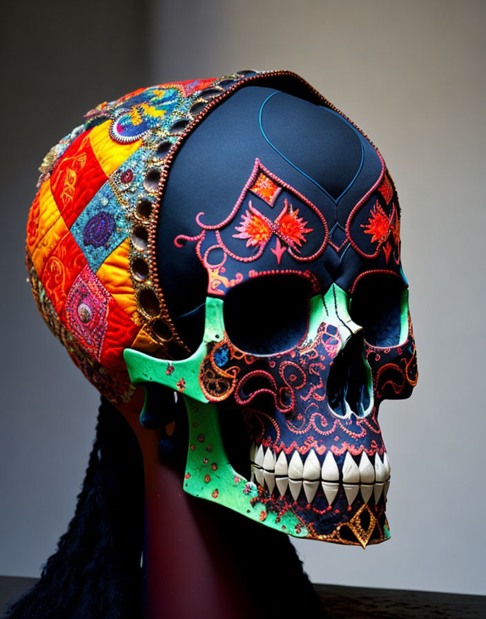 Colorful Embroidered Skull Art on Dark Background