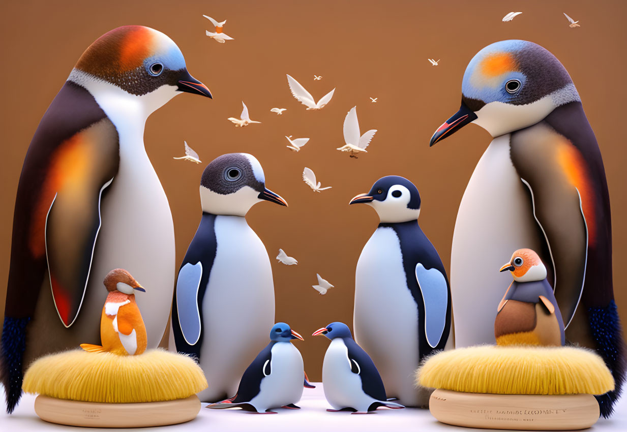 Stylized penguin figures on cushion-like bases with tiny birds