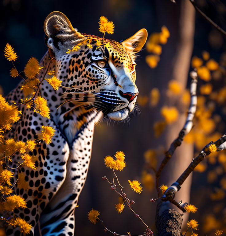 Leopard in golden foliage under warm sunlight