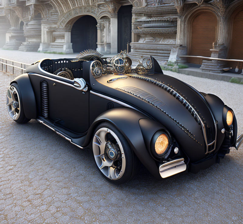 Vintage Black Car with Exposed Engine Parked in Front of Ornate Building