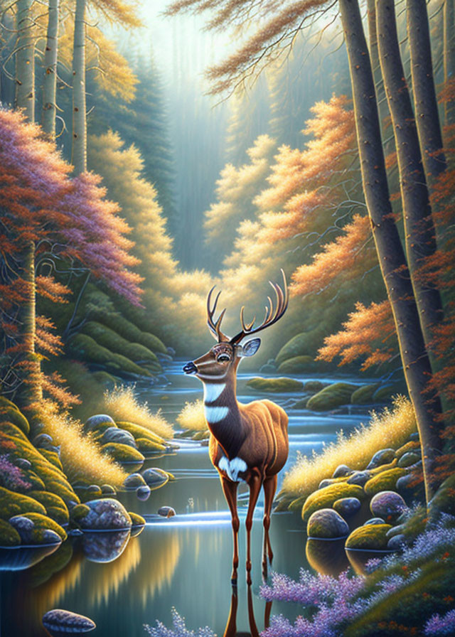 Majestic deer by serene forest stream with golden trees and sunlight.