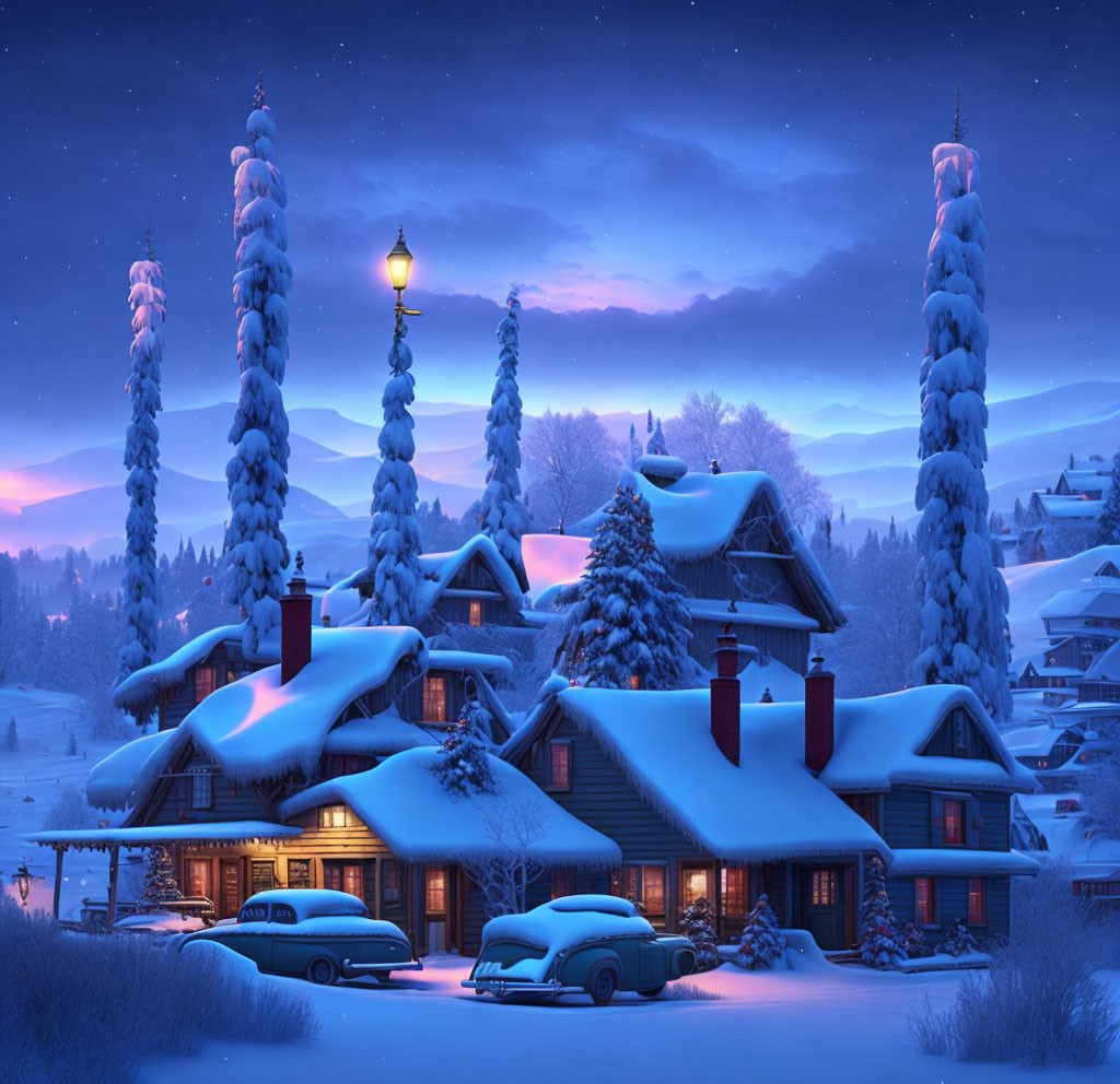 Snow-covered winter village with vintage cars and glowing windows