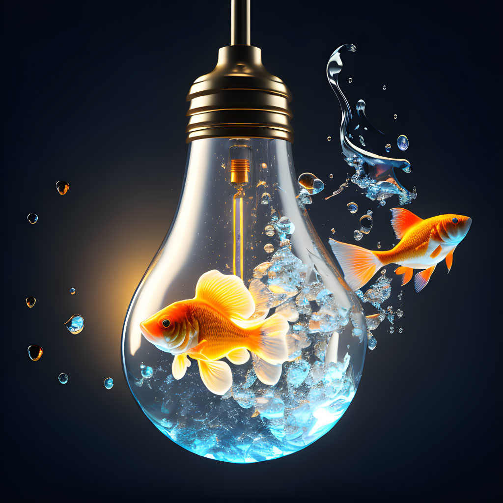 Goldfish swimming in water-filled lightbulb with splashing water on dark background