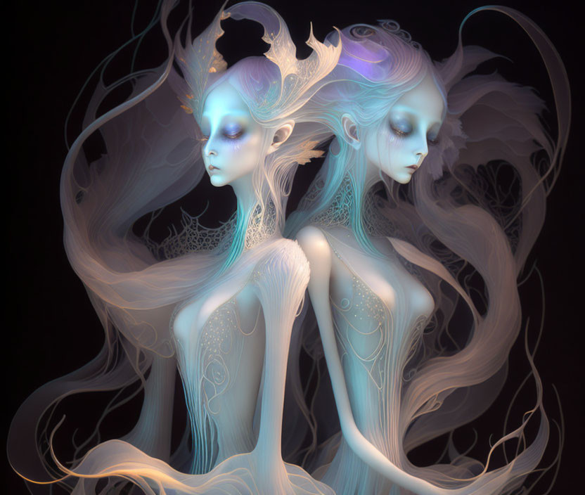 Ethereal beings with elfin features and iridescent skin on dark background