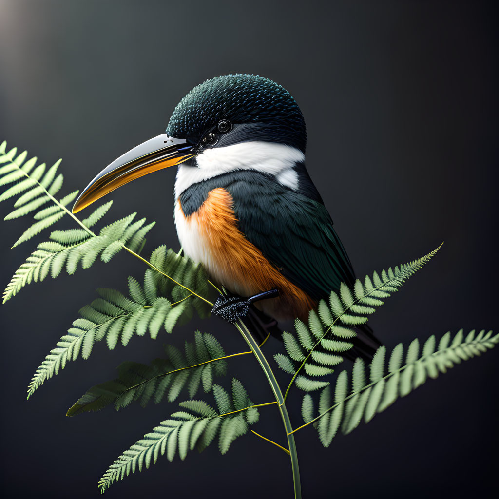 Colorful kingfisher bird perched on green fern in dark setting