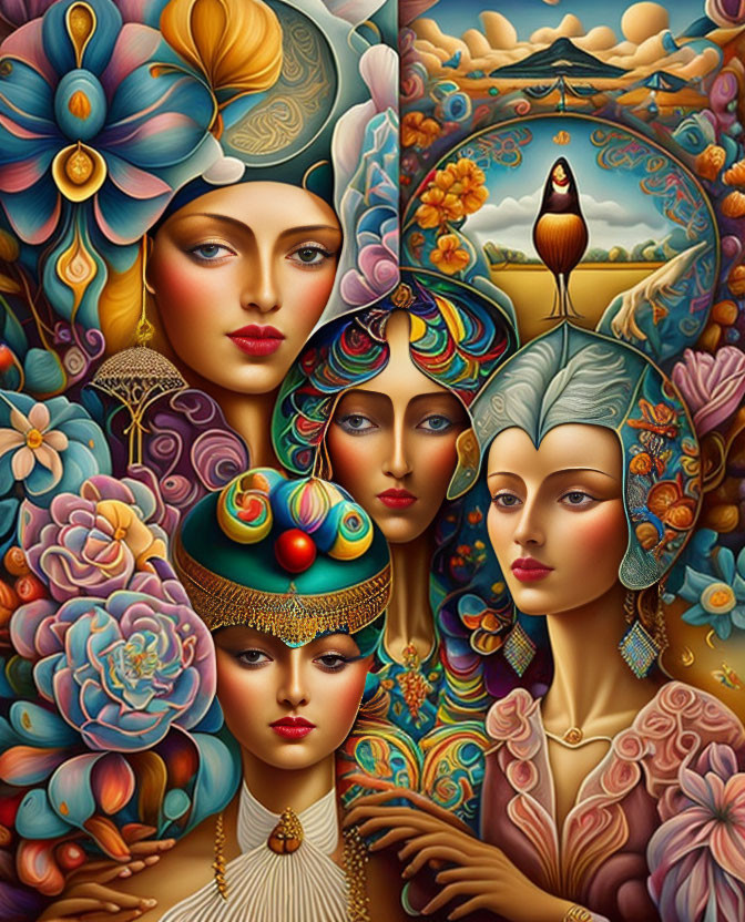 Four Serene Women in Vibrant Surrealist Landscape