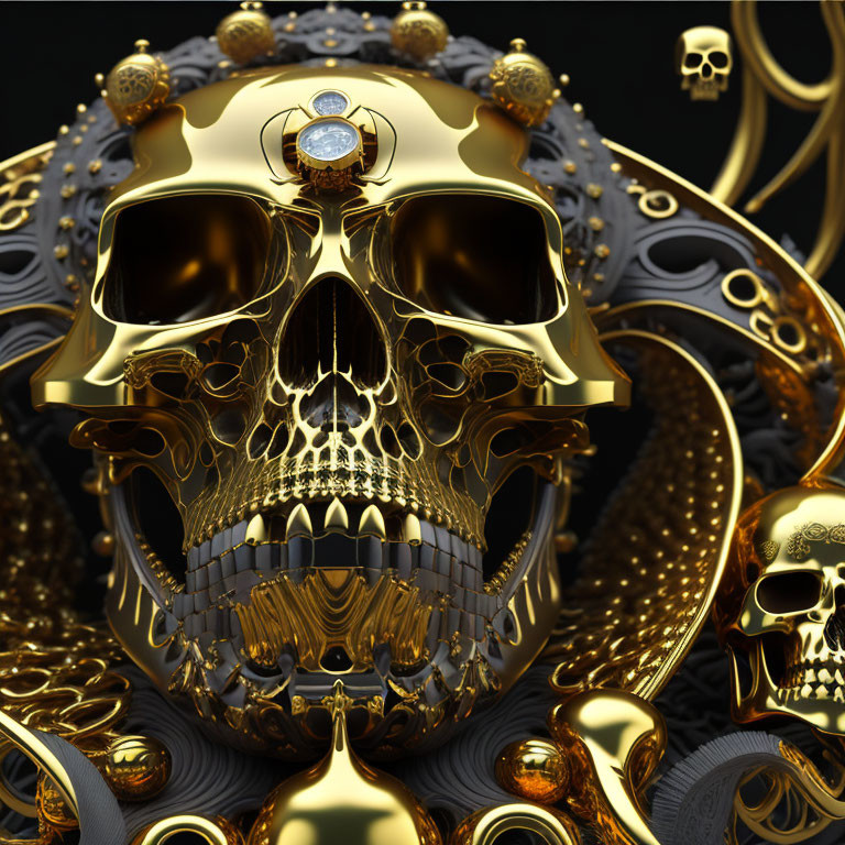 Golden Skull with Diamond Eyes and Intricate Gold Patterns on Dark Background