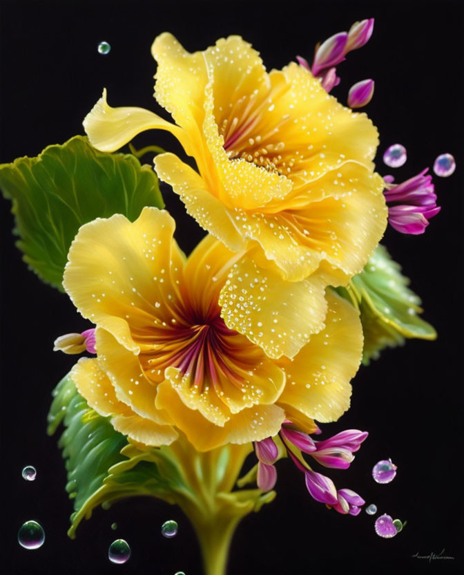 Bright yellow hibiscus flowers with water droplets on dark background and green leaves.