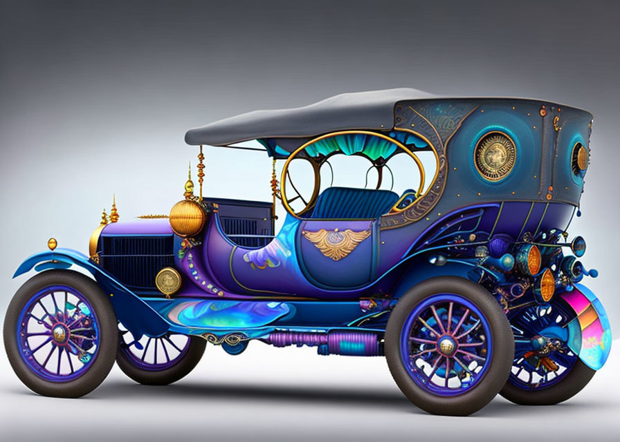 Vibrantly colored vintage car with steampunk design and ornate gold detailing