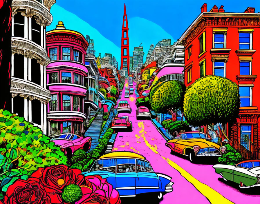 Colorful illustration of steep city street with vintage cars and red bridge.