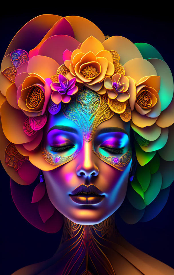 Colorful floral digital art of woman's face with closed eyes